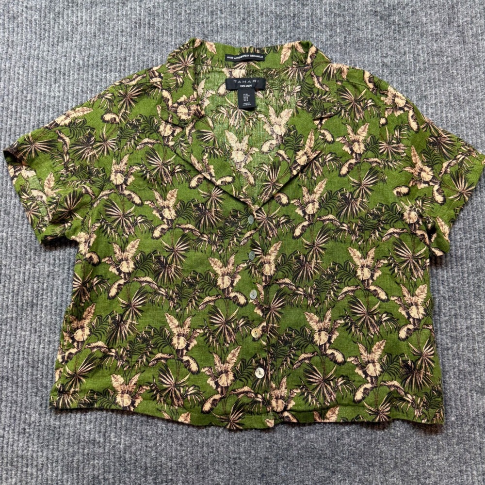 Tahari Green Botanical Linen Shirt Cropped Boxy Button Down Boho Resort M